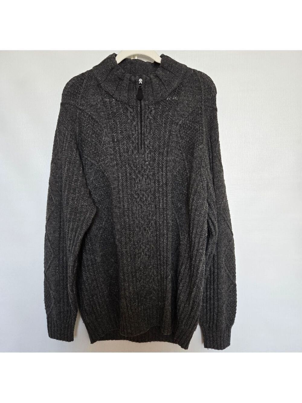 JOS. A. BANK SWEATER MENS LAMBS WOOL CABLE KNIT DARK GRAY 1/4 ZIP (XL)